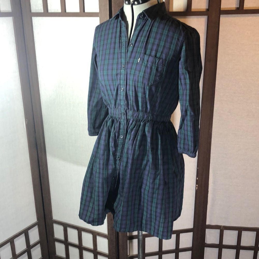 Levi’s Blue Green Plaid Shirt Dress Size Small. 3/4 length sleeves and pockets